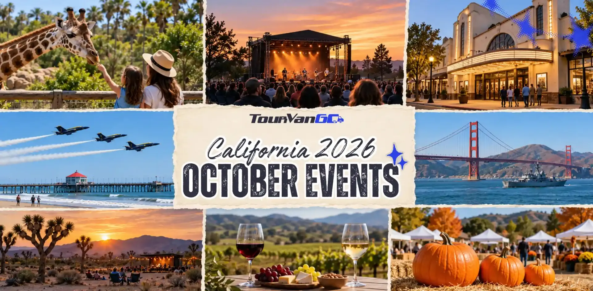Blog cover image for October events in California 2026 featuring concerts, coastal air shows, wine festivals, and pumpkin celebrations.