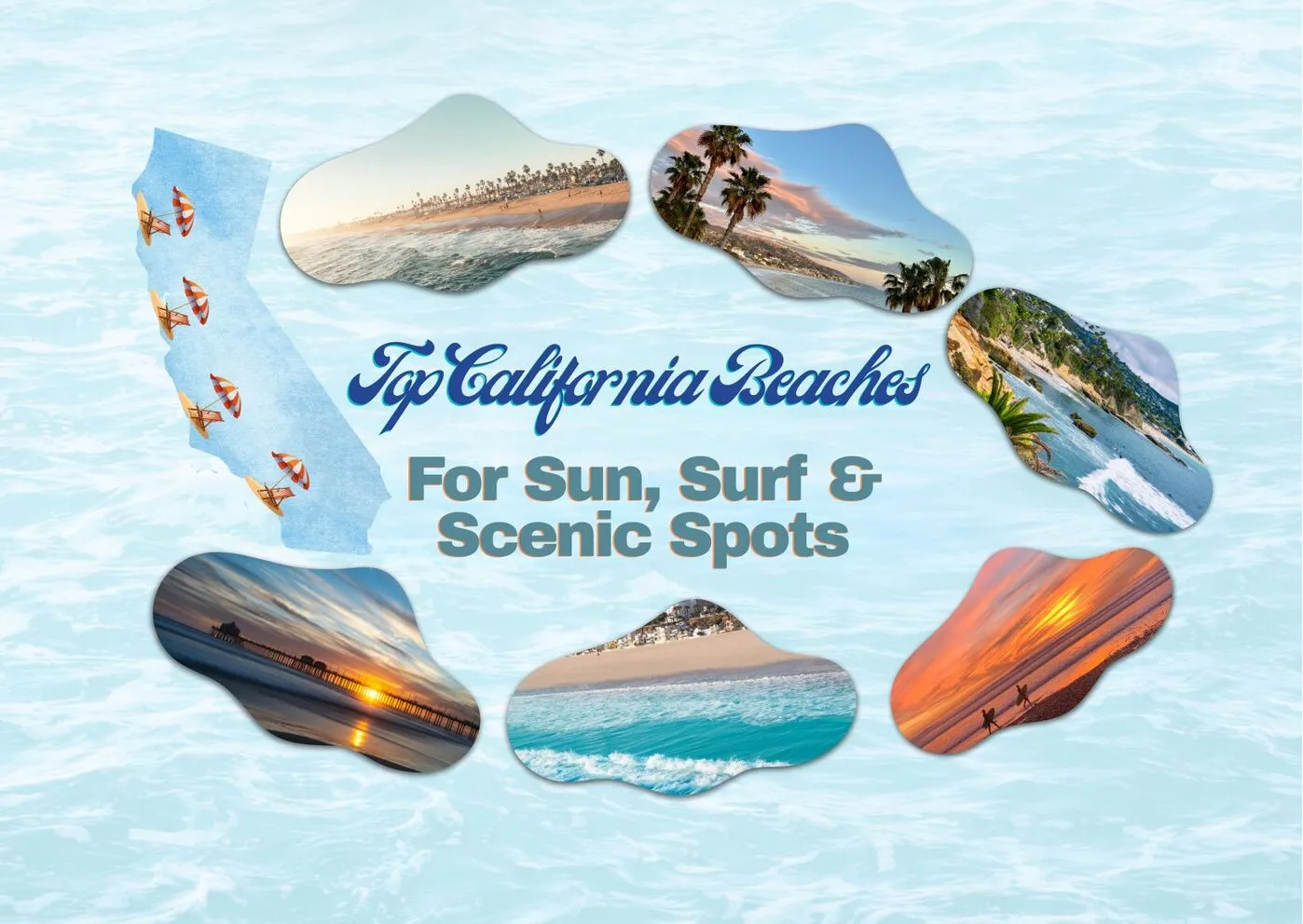 A cover photo depicting 6 beaches in California with a stylized CA map on a light blue