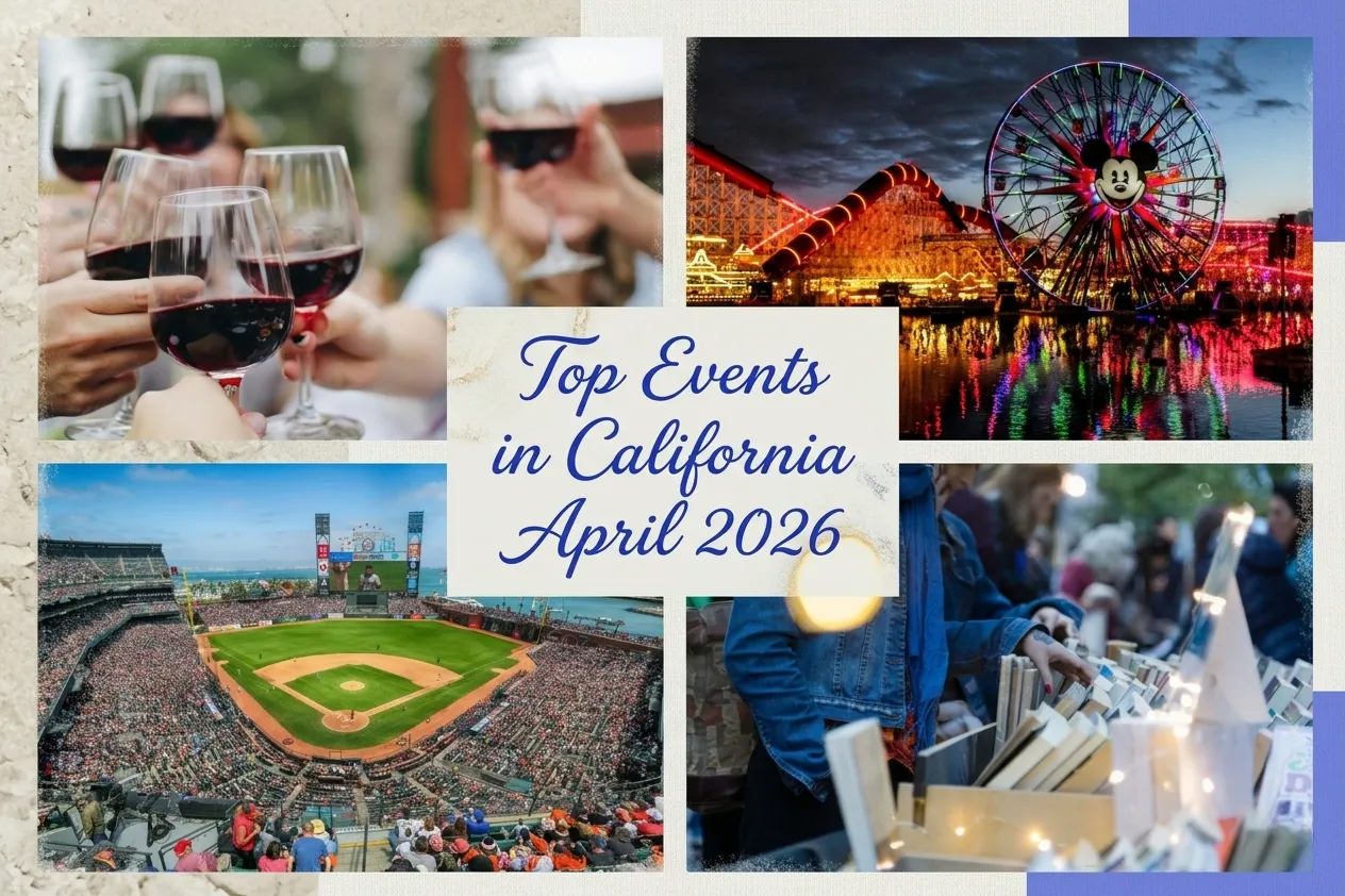 A photo collage showing a wine festival, Disney Ferris wheel, Oracle Stadium and a book fest