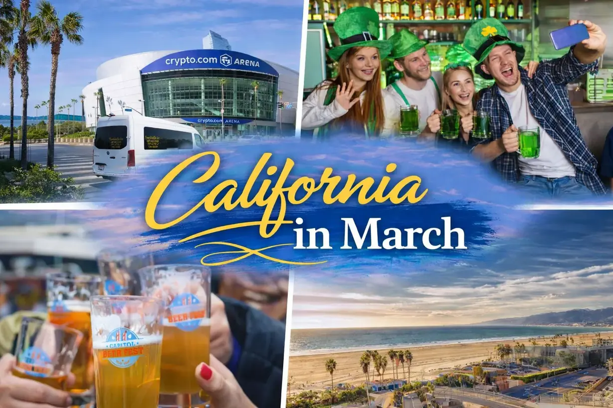 A stylized cover photo depicting moments from the March 2026 event is California, plus a TourVanGo Sprinter van at the Crypto.com arena