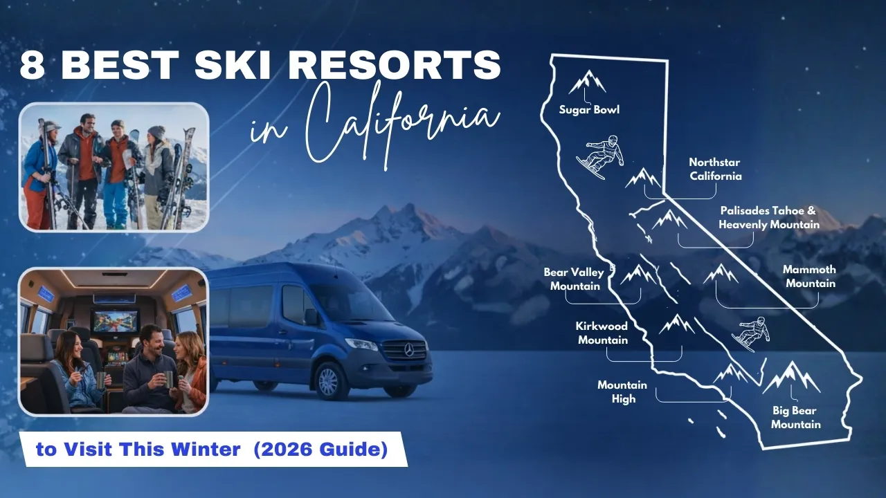 A stylized image depicting a map with top California ski resorts, a Sprinter van and people traveling in a van