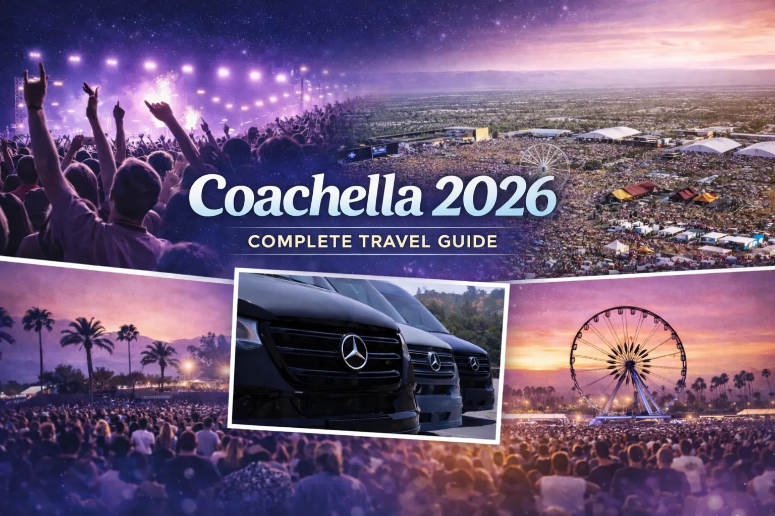 A cover photo depicting scenes from Coachella Music Festival with 3 TourVanGo vans and a descriptive text in the middle